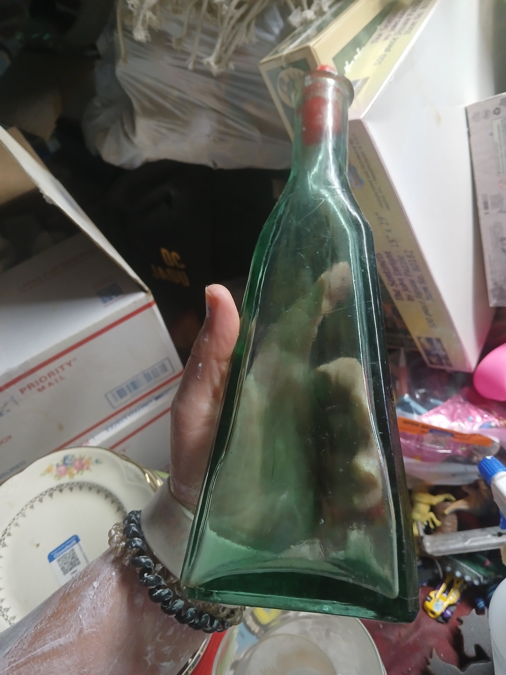 Large TRIANGLE SHAPE Green Glass Apothecary Bottle Cork Stopper 10.5”-SPAIN